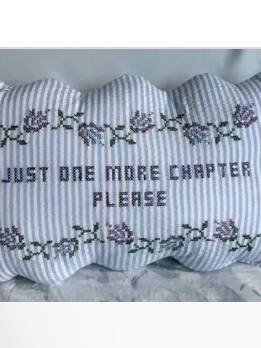 Embroidered 'Just One More Chapter Please' Decorative Pillow - Blue Stripe